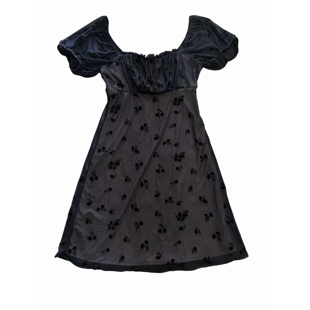 Rewind XS Black Sheer Mesh Floral Flocked Puff Sleeve OffShoulder Babydoll Dress